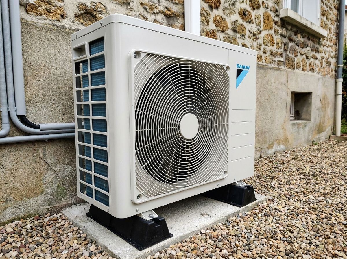 Unité Daikin Altherma 3 remontée sur supports, ailettes propres, gravier au sol