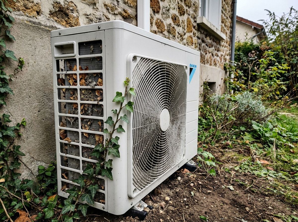 Unité Daikin Altherma 3 posée sur la terre, ailettes pleines de feuilles et de lierre