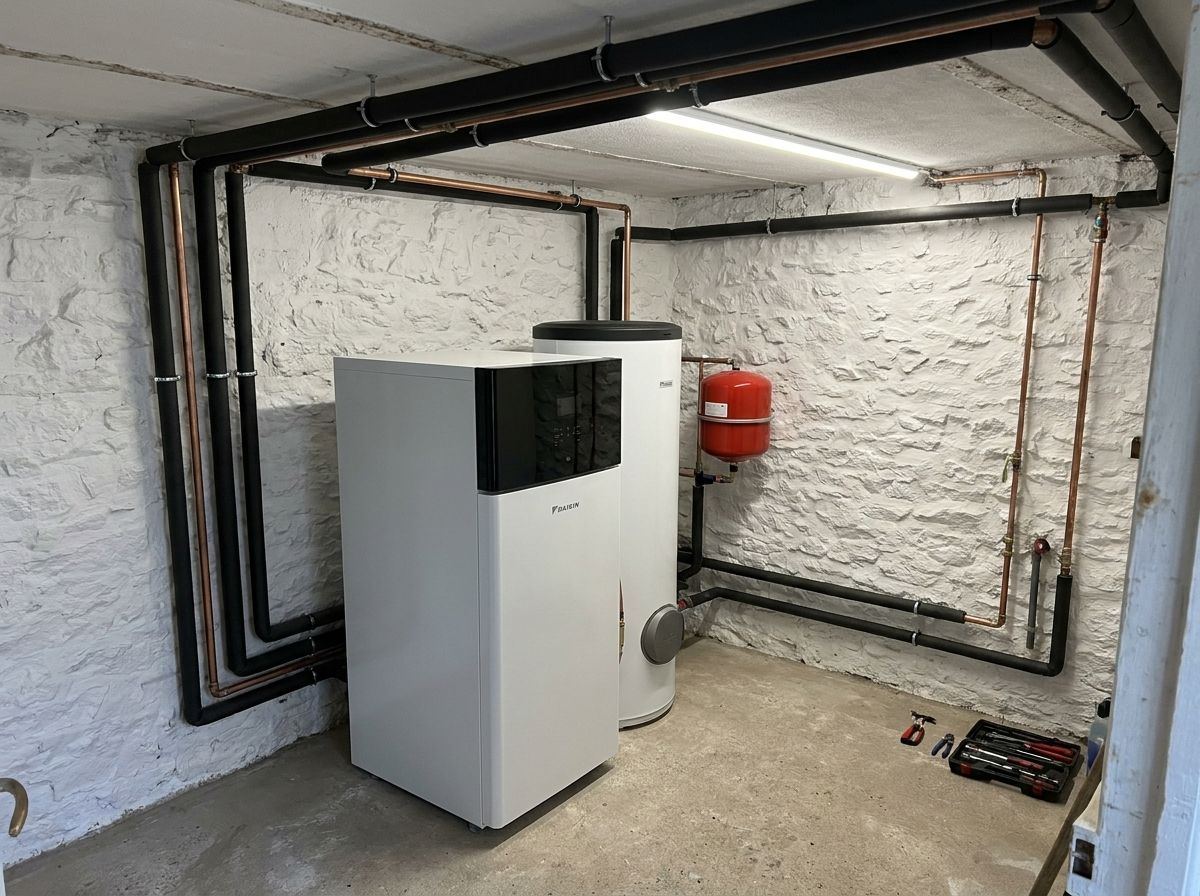Sous-sol repeint avec module Daikin et ballon d'eau chaude, tuyaux isolés