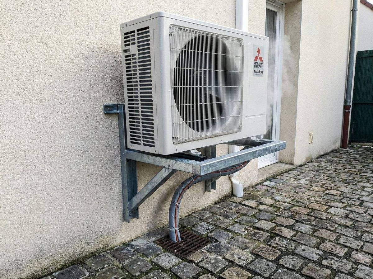 Unité Mitsubishi Ecodan sur console murale galvanisée, évacuation vers la grille, pavés secs