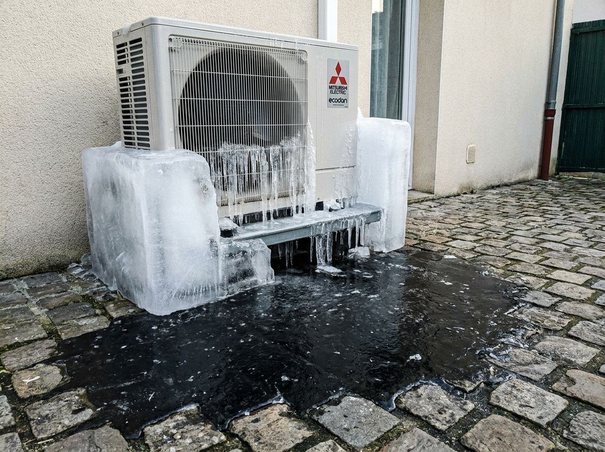 Unité Mitsubishi Ecodan prise dans un bloc de glace, verglas sur les pavés